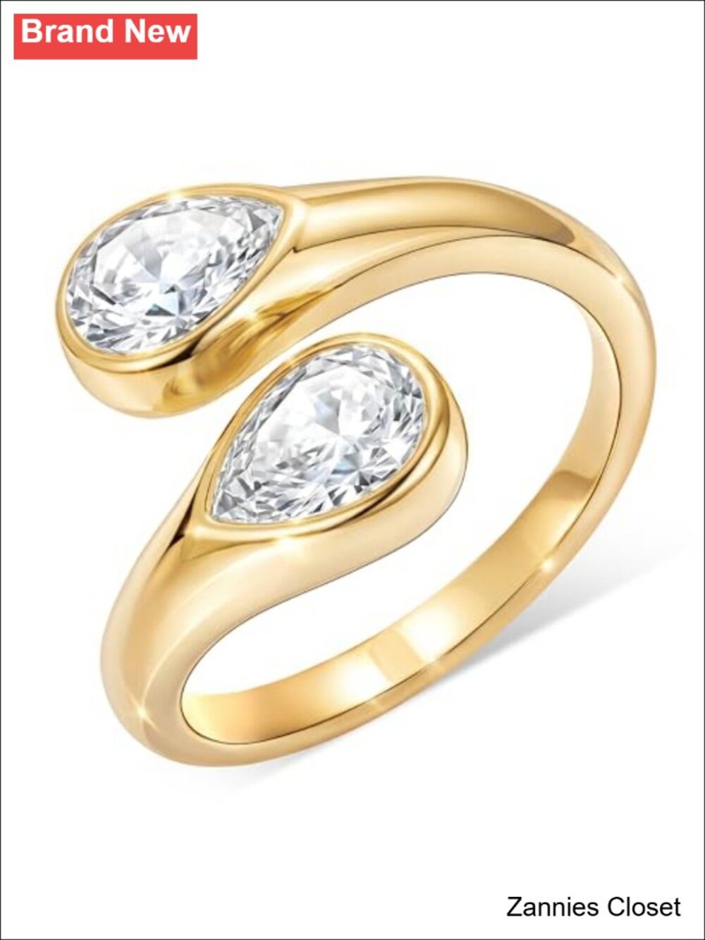💍 Stainless Steel CZ Pear Cut Toi et Moi Adjustable Wedding Band Ring